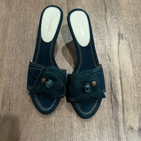 Chanel Camellia Denim Kitten Sandal Heels - Picture 1 of 13